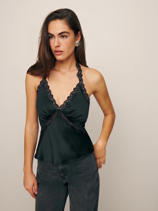 Reformation Tops - Reformation Monica Black Lace Trim Silk Halter Tank Top